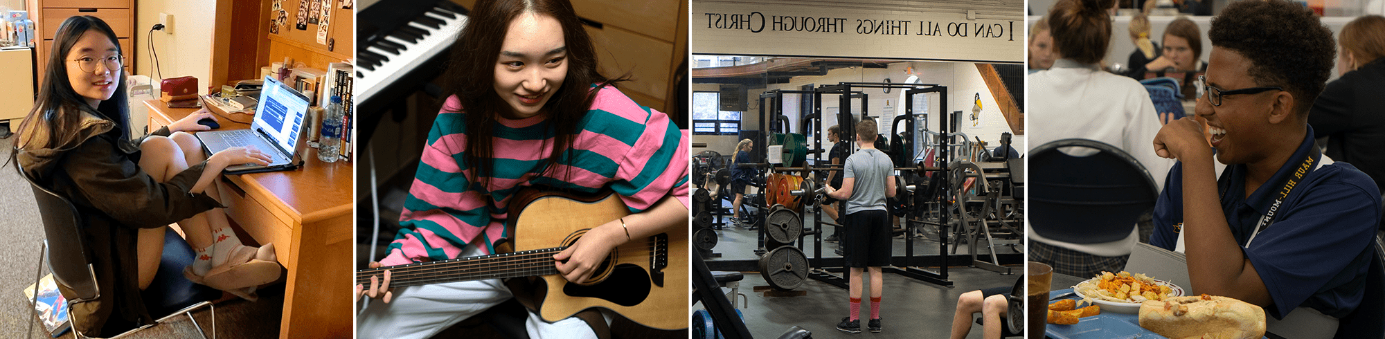 student laughing while eating, a student lifting weights, a student playing guitar, a student studying at their desk with a laptop